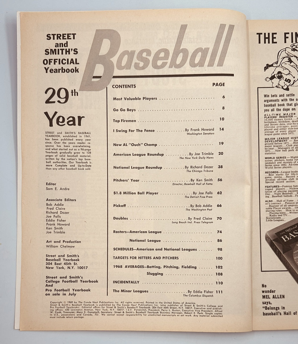 Inside page of Street and Smith’s Baseball Magazine 1969 Yearbook displaying the Table of Contents, providing a detailed list of featured articles and highlights from the baseball season.