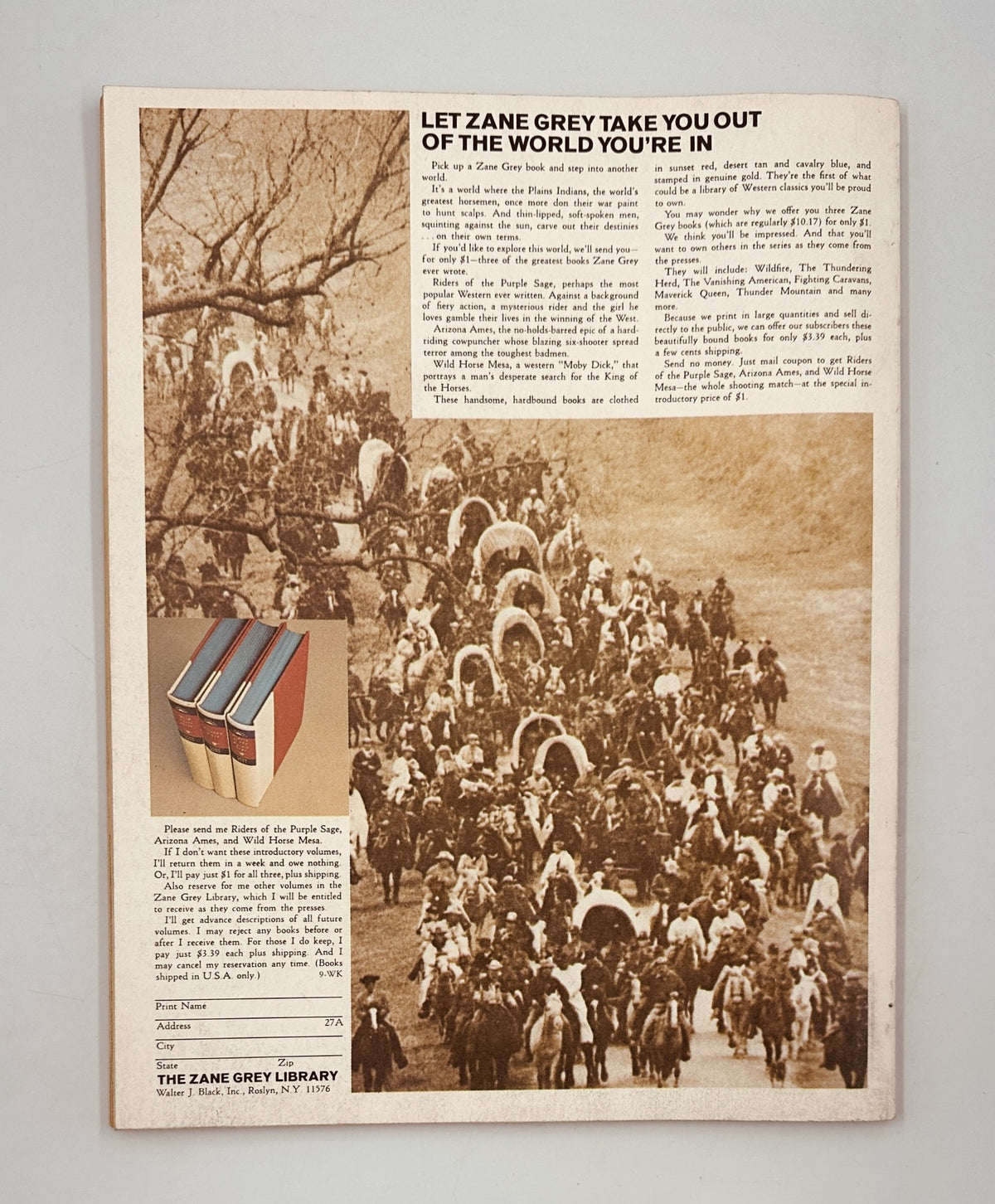 Back cover of Street and Smith’s Baseball Magazine 1969 Yearbook featuring vintage artwork and text promoting Zane Grey books, showcasing a historical Western scene with covered wagons and a prairie landscape.