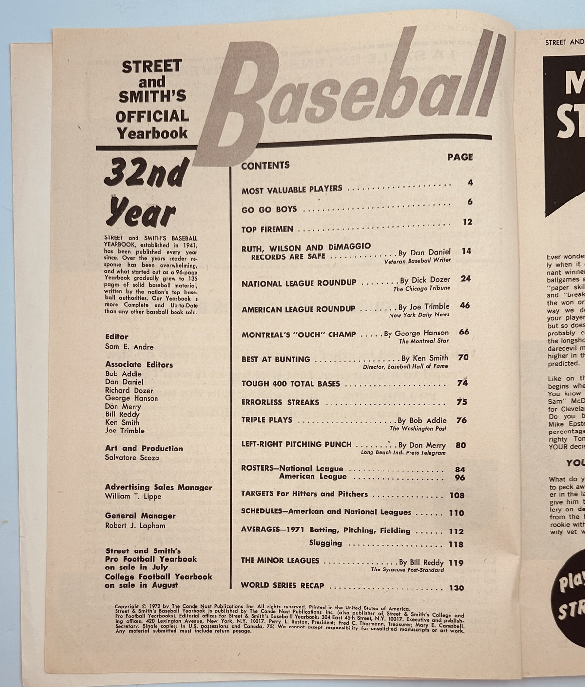 Cover page of the Street and Smith’s Baseball Magazine 1972 Yearbook featuring Joe Torre and the St. Louis Cardinals, showcasing the table of contents including articles on MVP players, pitching stats, and World Series recap.