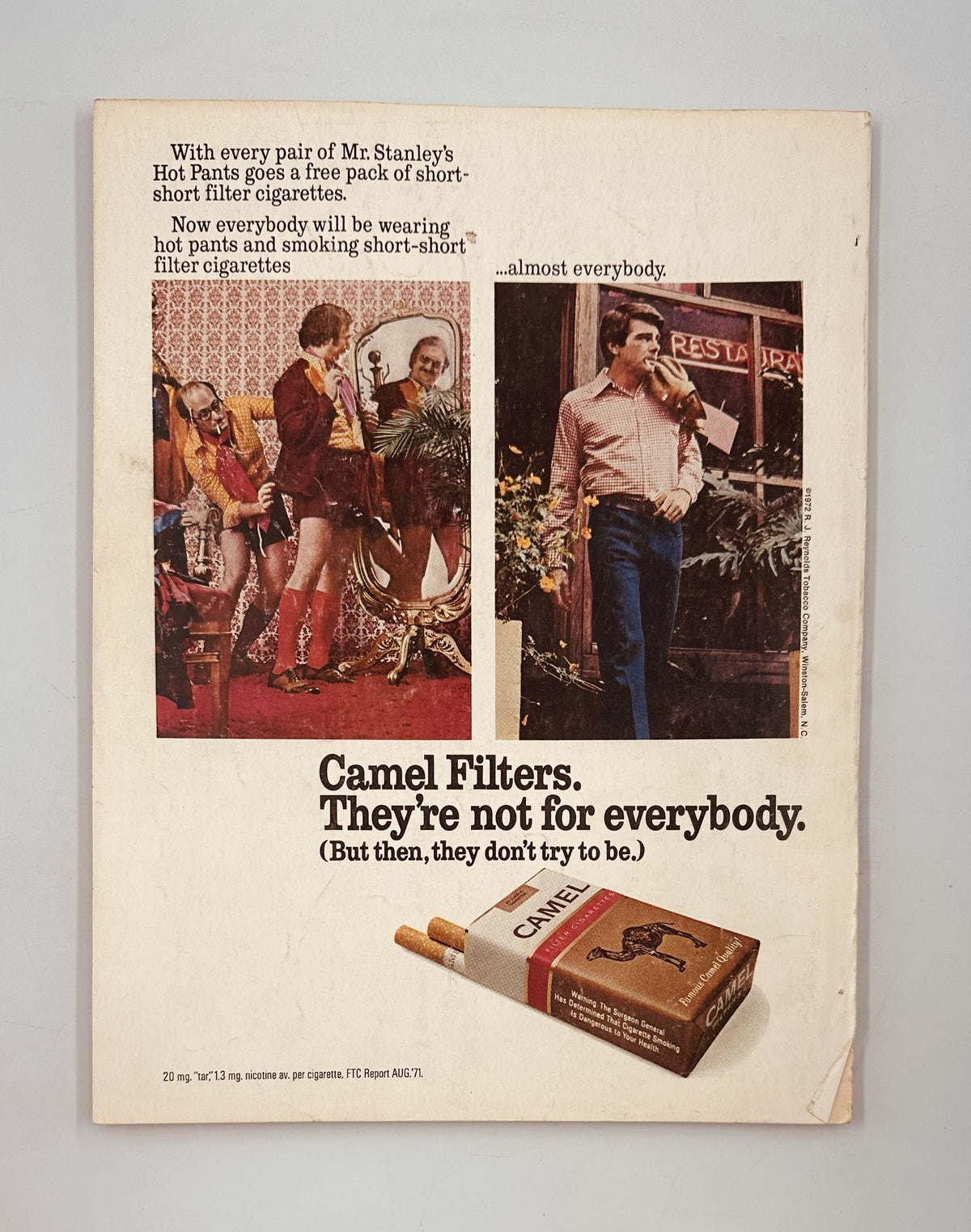 Back cover of the Street and Smith’s Baseball Magazine 1972 Yearbook, featuring a vintage advertisement for Camel Filters cigarettes, highlighting their unique selling proposition.