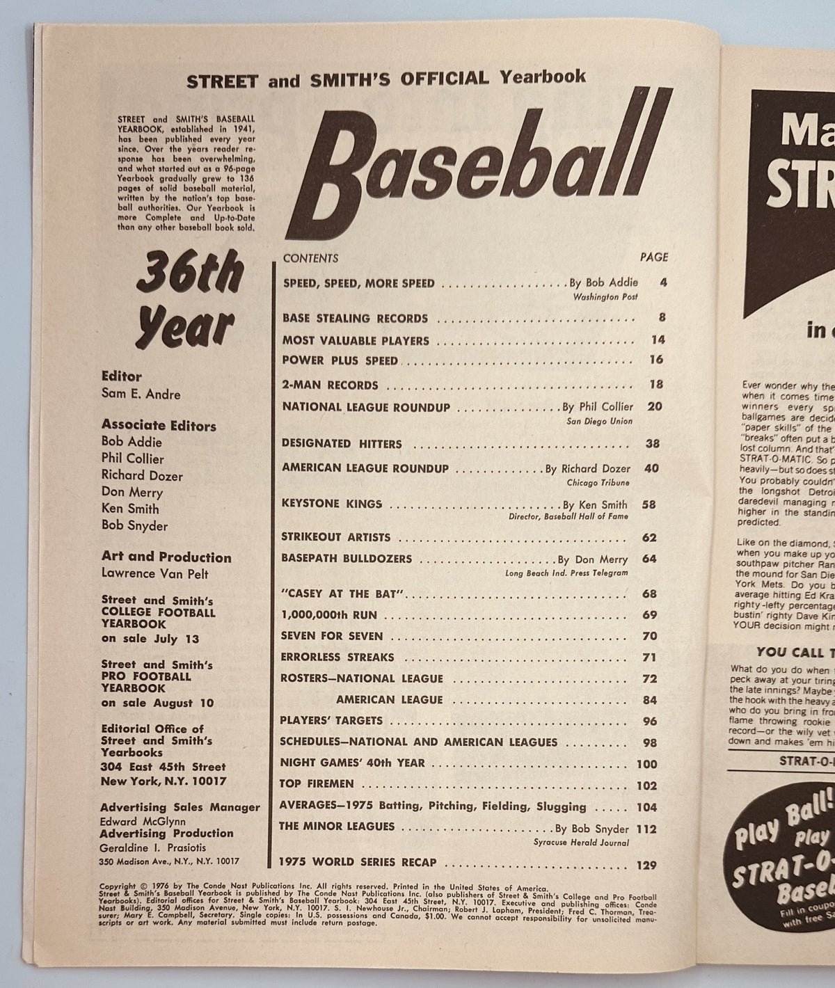 Inside page of Street and Smith’s Baseball Magazine 1976 Yearbook displaying the contents including articles on speed, player statistics, and the recap of the 1975 World Series.