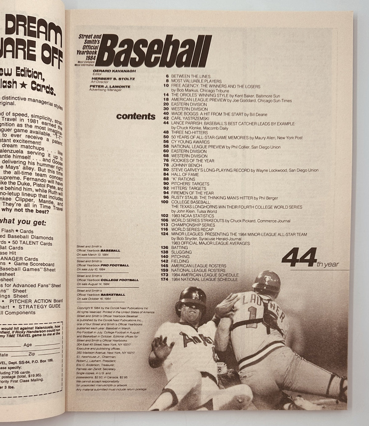 Inside page of Street and Smith’s Baseball Magazine 1984 Yearbook displaying the Table of Contents, outlining featured articles and topics including 'Between the Lines' and various MLB previews.