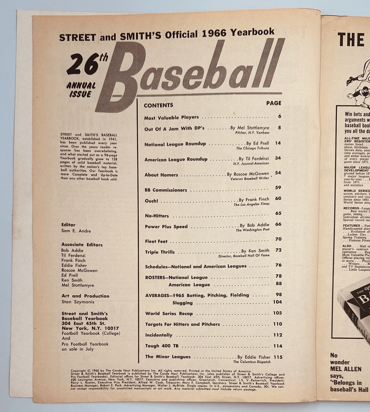 Table of contents from Street and Smith’s Official 1966 Yearbook showcasing various articles and sections including Most Valuable Players, National League Roundup, and World Series Recap.