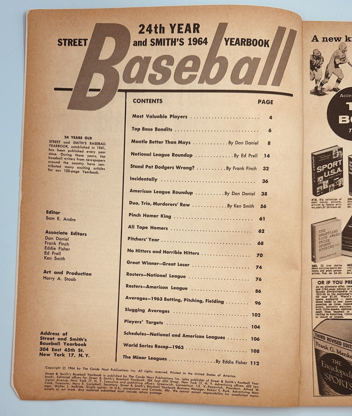 Table of Contents page from Street and Smith’s Baseball Magazine 1964 Yearbook, listing articles like 'Most Valuable Players' and 'American League Roundup'.