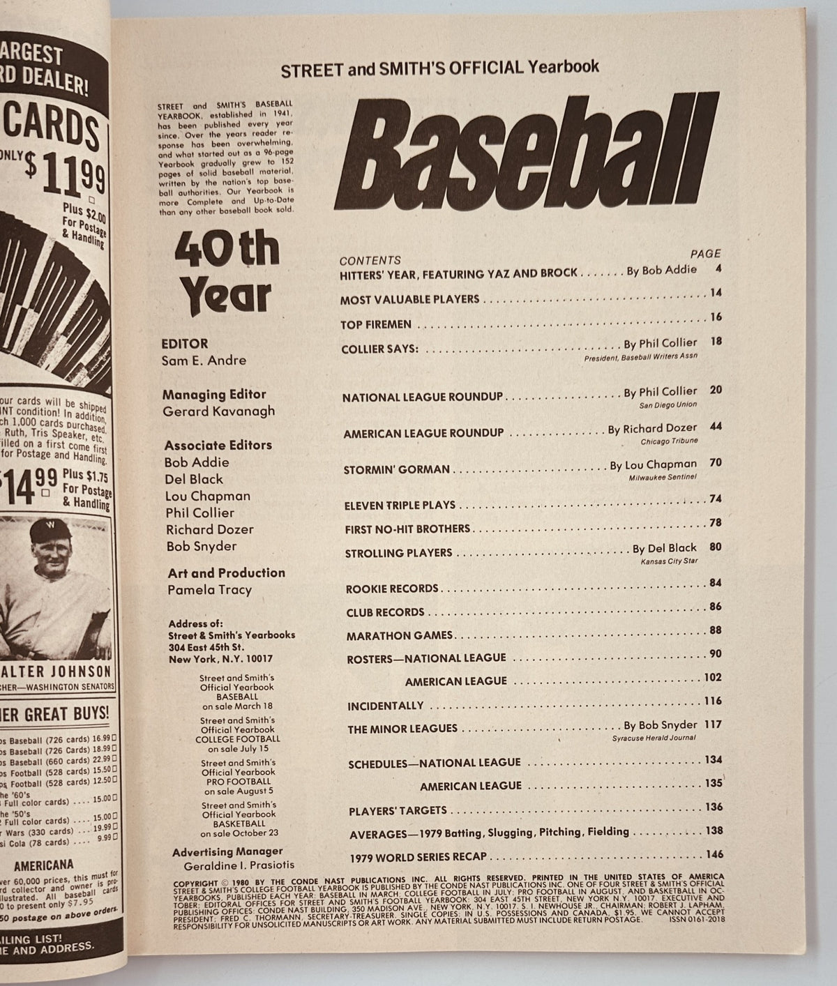 Street and Smith's Baseball Magazine 1980 Yearbook featuring Joe Niekro of the Houston Astros, showcasing the Table of Contents with various baseball topics and articles.