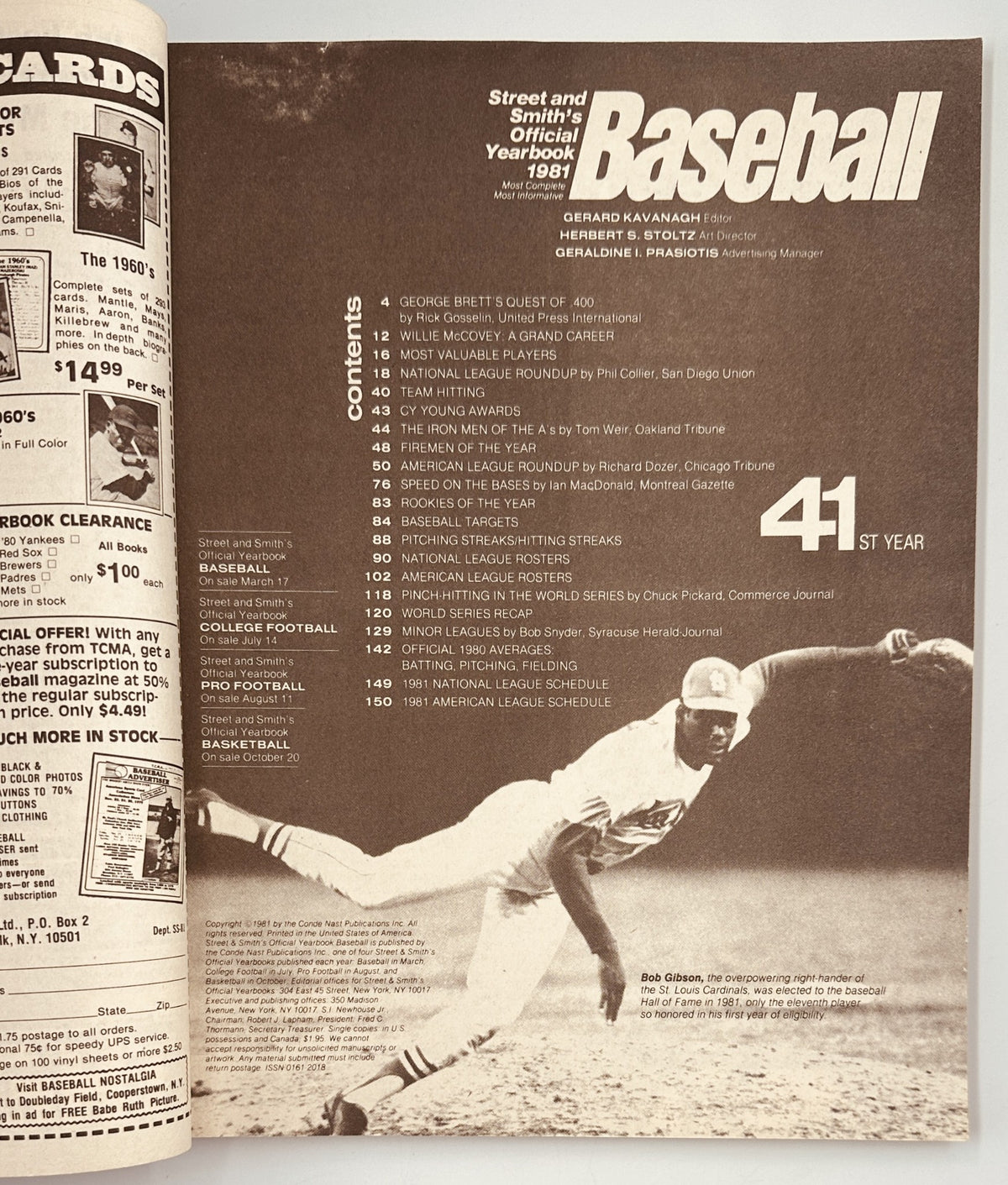 Table of contents from Street and Smith’s Baseball Magazine 1981 Yearbook, detailing articles including a feature on George Brett and various baseball topics.