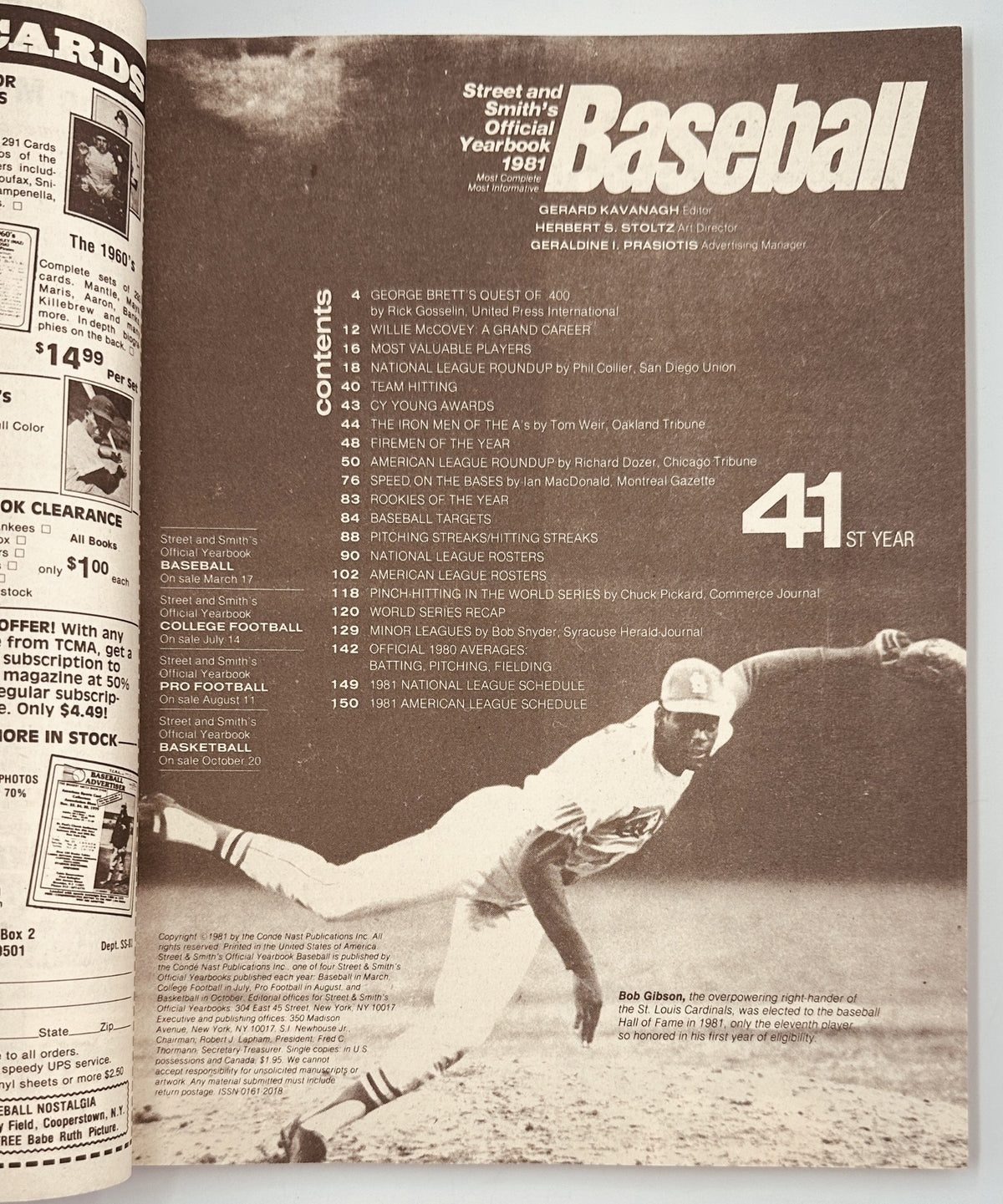Interior page of Street and Smith’s Baseball Magazine 1981 Yearbook displaying the Table of Contents with features like George Brett’s Quest of .400, Willie McCovey: A Grand Career, and World Series recap.