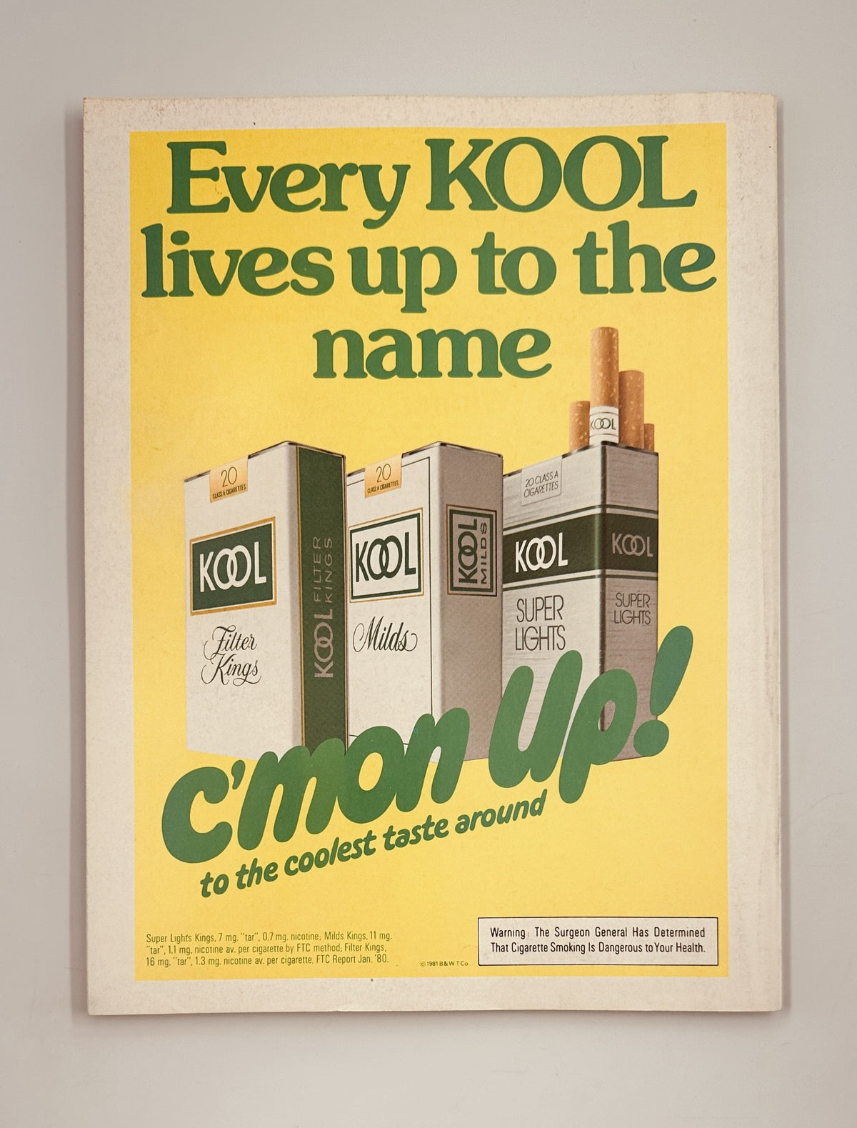 Back cover ad in Street and Smith’s Baseball Magazine 1981 Yearbook promoting KOOL cigarettes with the slogan 'Every KOOL lives up to the name!'
