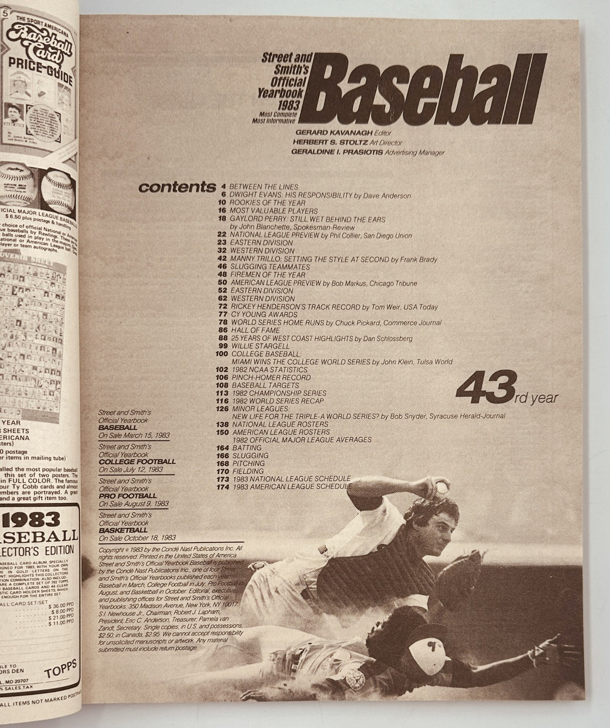 Inside page of Street and Smith’s Baseball Magazine 1983 Yearbook displaying the Table of Contents, highlighting various baseball articles and features for the year.