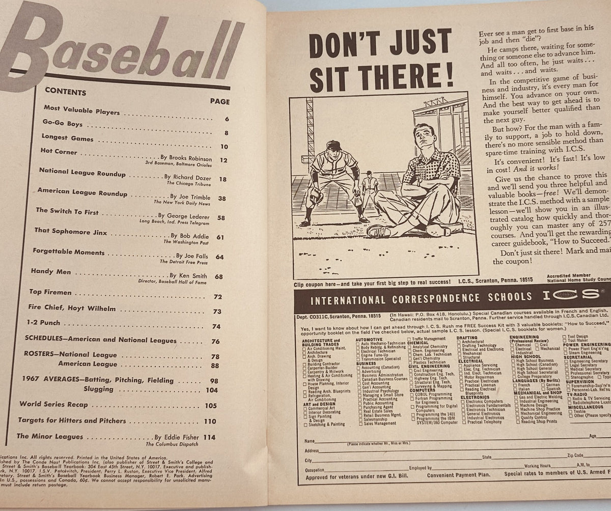 Inside page of Street and Smith's Baseball Magazine 1968 Yearbook displaying the contents list, including articles and sections related to baseball statistics and player profiles.