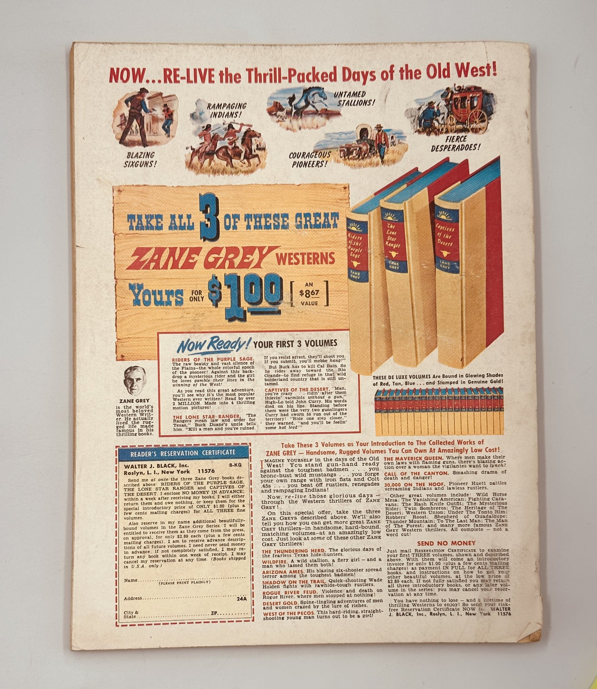 Vintage advertisement for Zane Grey Westerns books, promoting a special offer. This image relates to the Street and Smith’s Baseball Magazine 1968 Yearbook featuring Orlando Cepeda of the Cardinals.