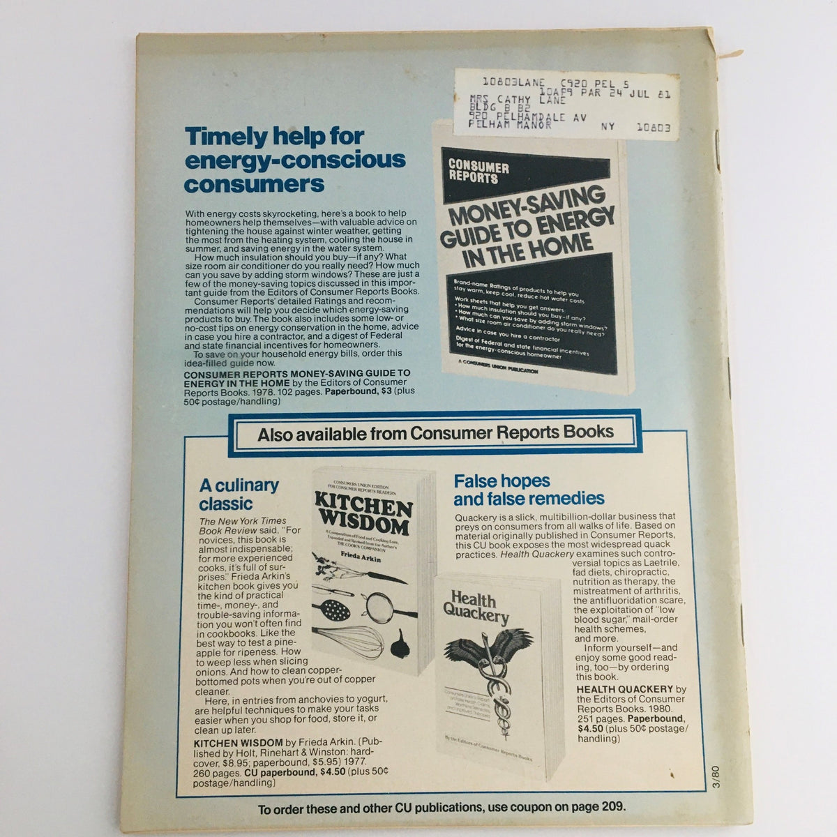 Back cover of Consumer Reports Magazine March 1980 with information on energy conservation guides, including related Consumer Reports publications, and a price tag, displaying vintage design elements.