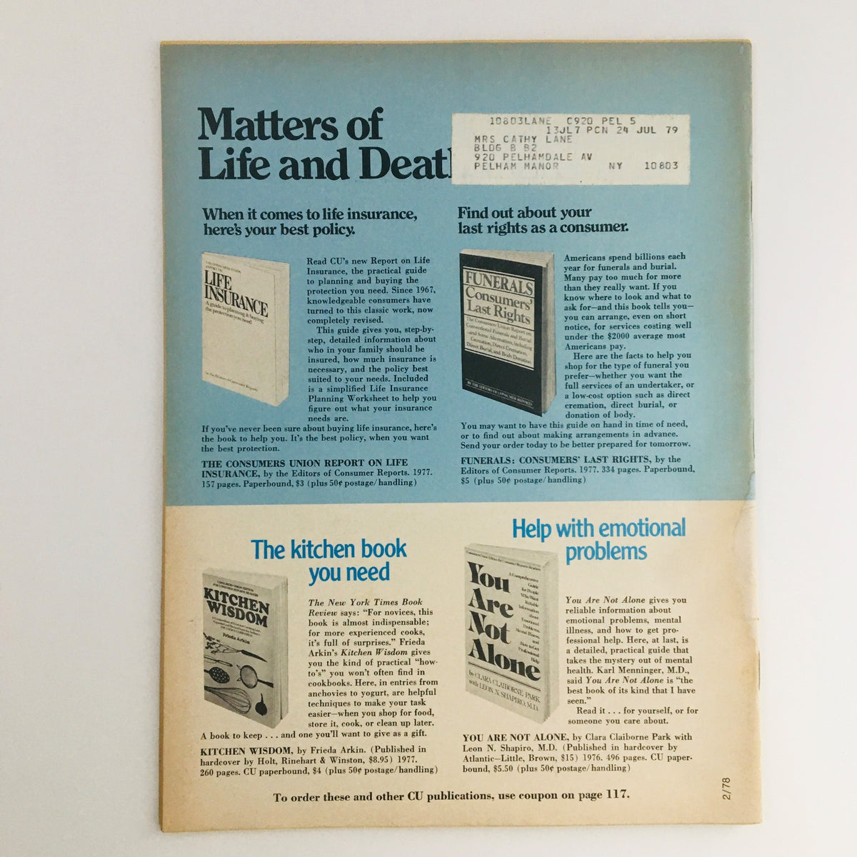 Back cover of Consumer Reports Magazine February 1978, displaying advertisements related to life insurance and consumer rights, with an address label added for character.