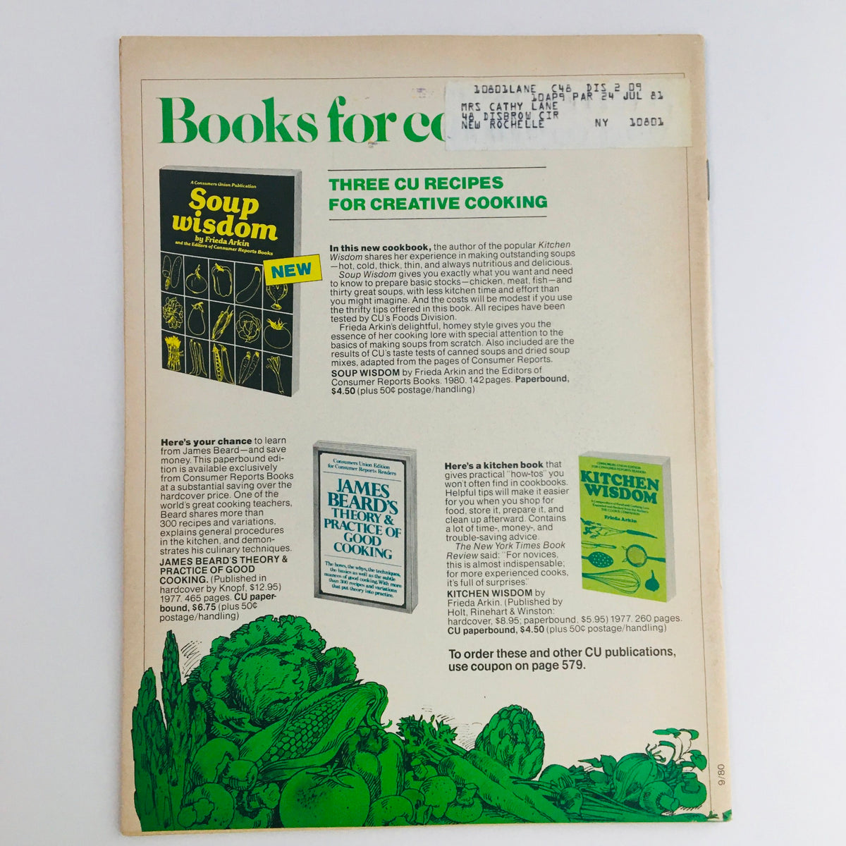 Back cover of Consumer Reports Magazine September 1980 showcasing a books advertisement including 'Soup Wisdom' and 'James Beard's Theory & Practice of Good Cooking'.