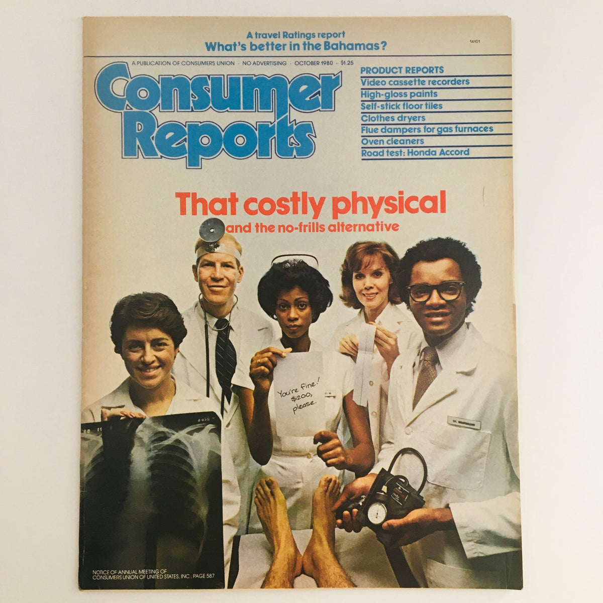 Cover of Consumer Reports Magazine from October 1980, featuring the title 'That costly physical and the no-frills alternative'. The image shows a group of five healthcare professionals, including a doctor and nurse, with medical equipment and patient mock-ups, reflecting the era's consumer insights on healthcare and product value.