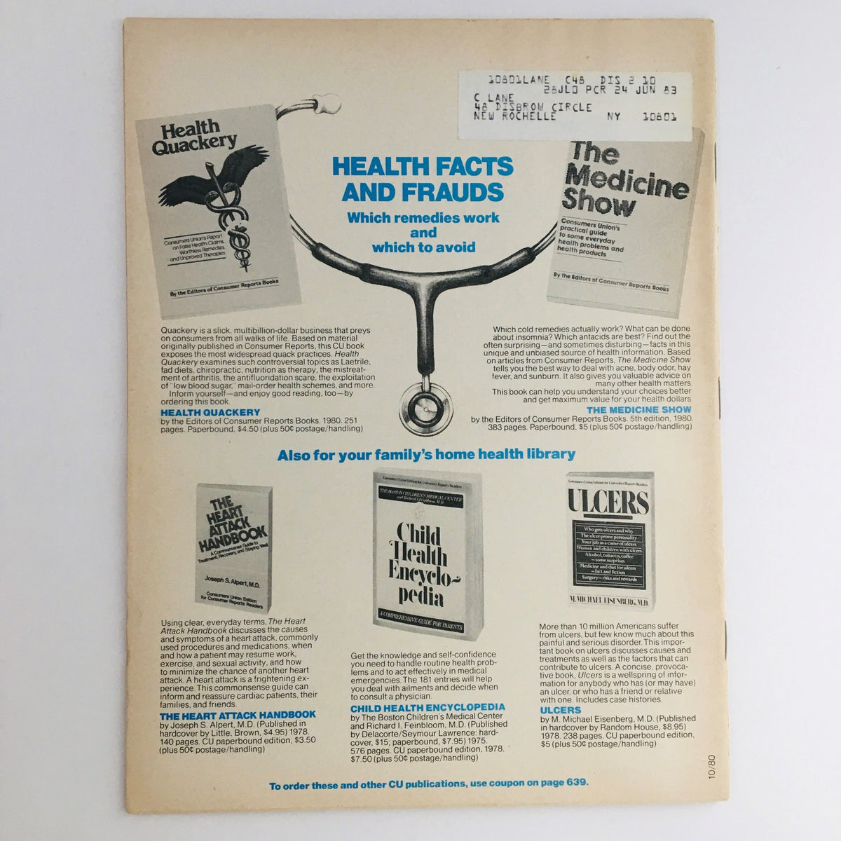 Consumer Reports Magazine October 1980 advertisement page showcasing health books, including 'Health Quackery', 'The Heart Attack Handbook', and 'Child Health Encyclopedia', with a stethoscope graphic. This vintage magazine highlights critical health insights and consumer education from the October 1980 issue.