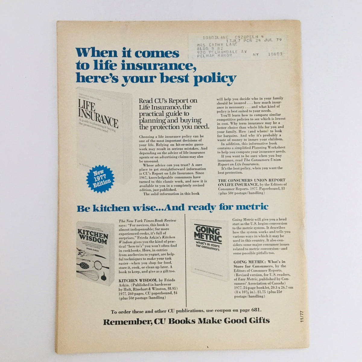 Back cover of Consumer Reports Magazine November 1977 displaying advertisements and information about life insurance and kitchen wisdom book recommendations.