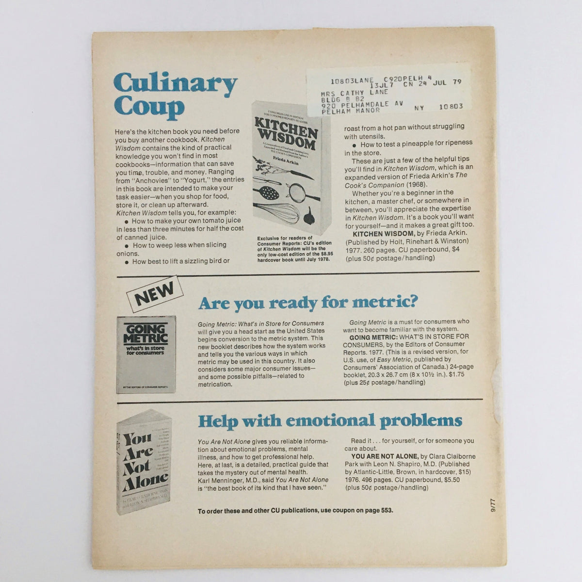 Back cover of Consumer Reports Magazine from September 1977, highlighting kitchen wisdom tips and additional publications, showcasing the vintage aesthetic and practical advice for consumers.