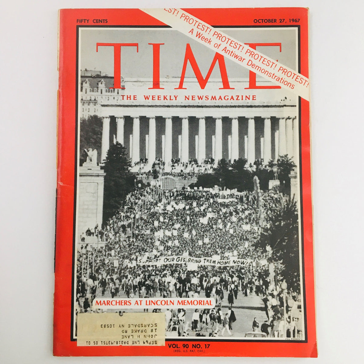 Time Magazine October 27 1967 featuring a photograph of marchers at Lincoln Memorial, highlighting the civil rights movement.