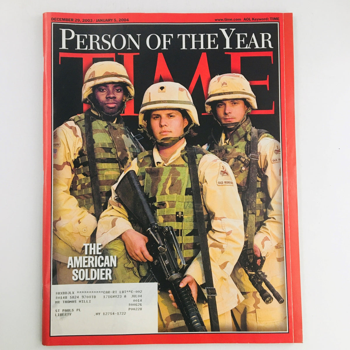 Cover of Time Magazine December 29 2003 featuring The American Soldier, Person of the Year, showcasing three soldiers in military gear.