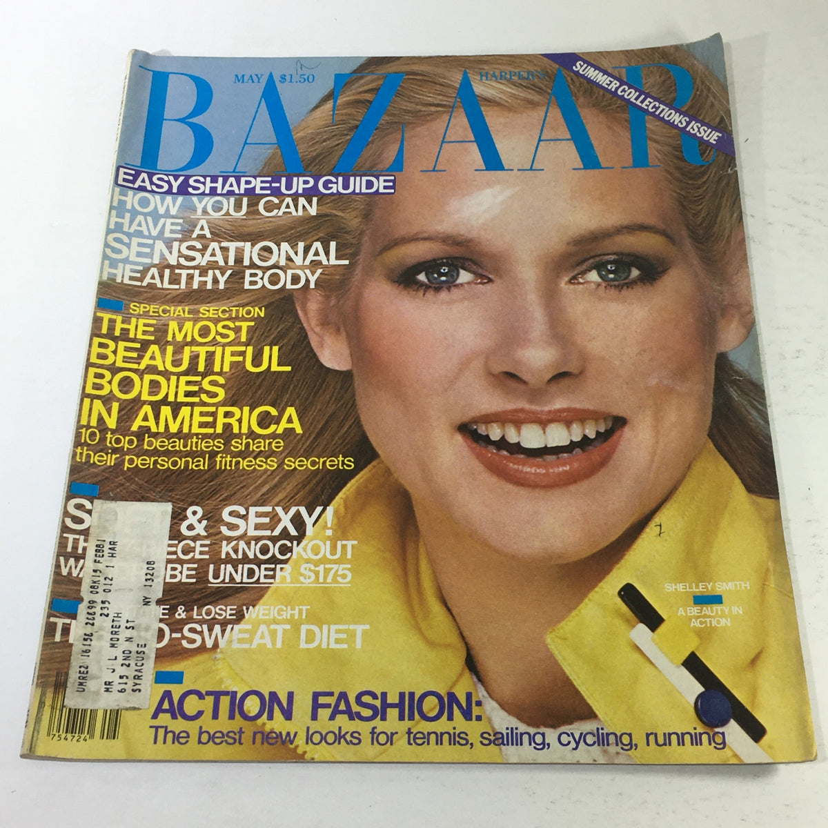 VTG Harper's Bazaar Magazine: May 1980 featuring a Shelly Smith cover showcasing a cheerful model with blonde hair and blue eyes, promoting fashion and health tips. Vintage magazine collectible.