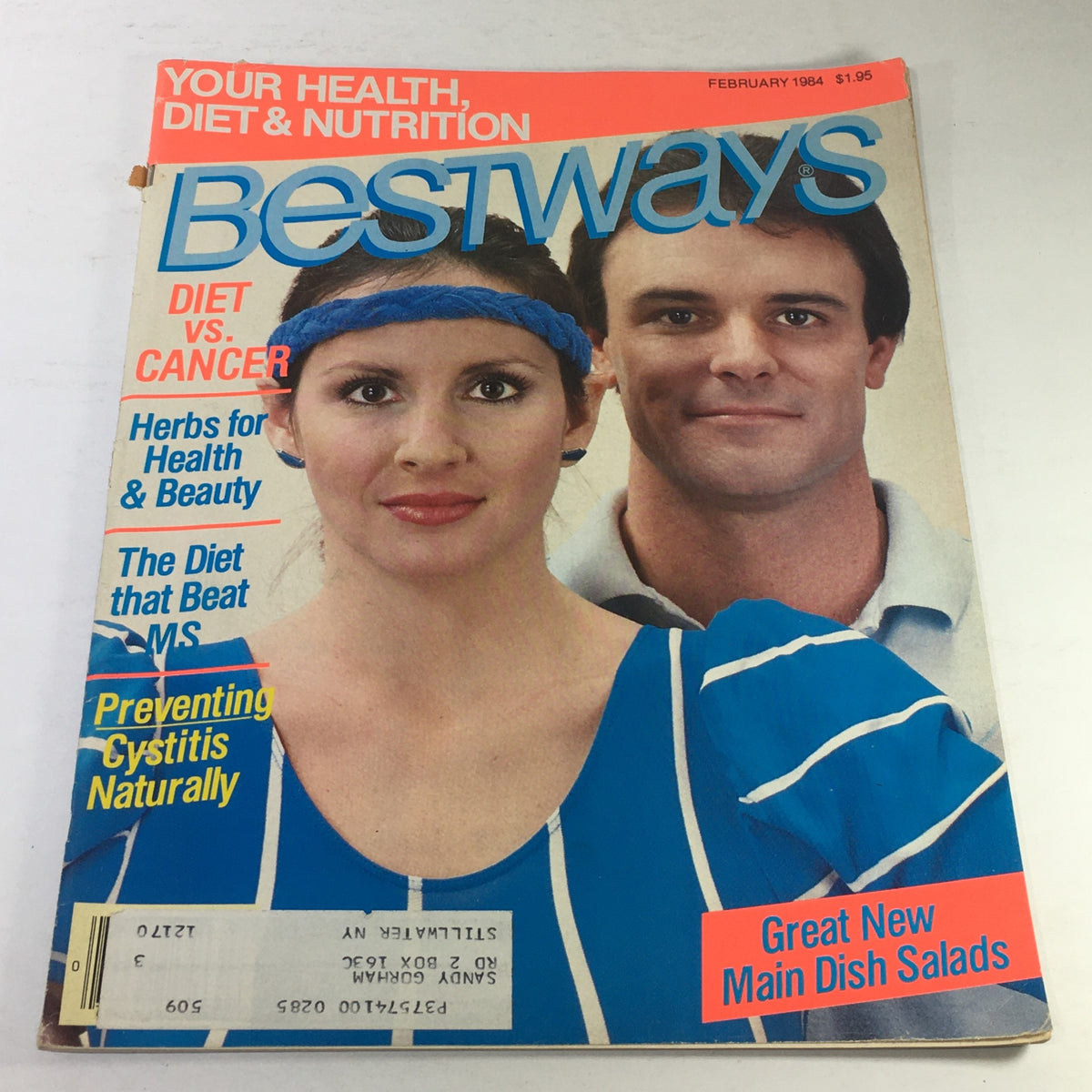 Cover of VTG Bestways Magazine: February 1984 featuring the theme 'Diet vs Cancer' with articles on health and nutrition, showcasing a woman and a man in lifestyle attire.
