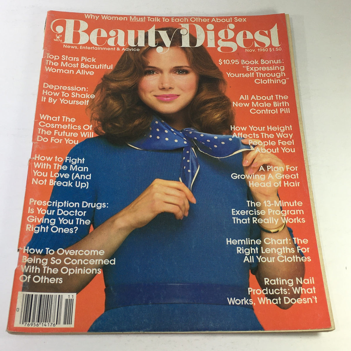 Vintage Beauty Digest Magazine cover for November 1980 featuring a model in a blue outfit with a polka-dot scarf, highlighting news, entertainment, and advice from the era.