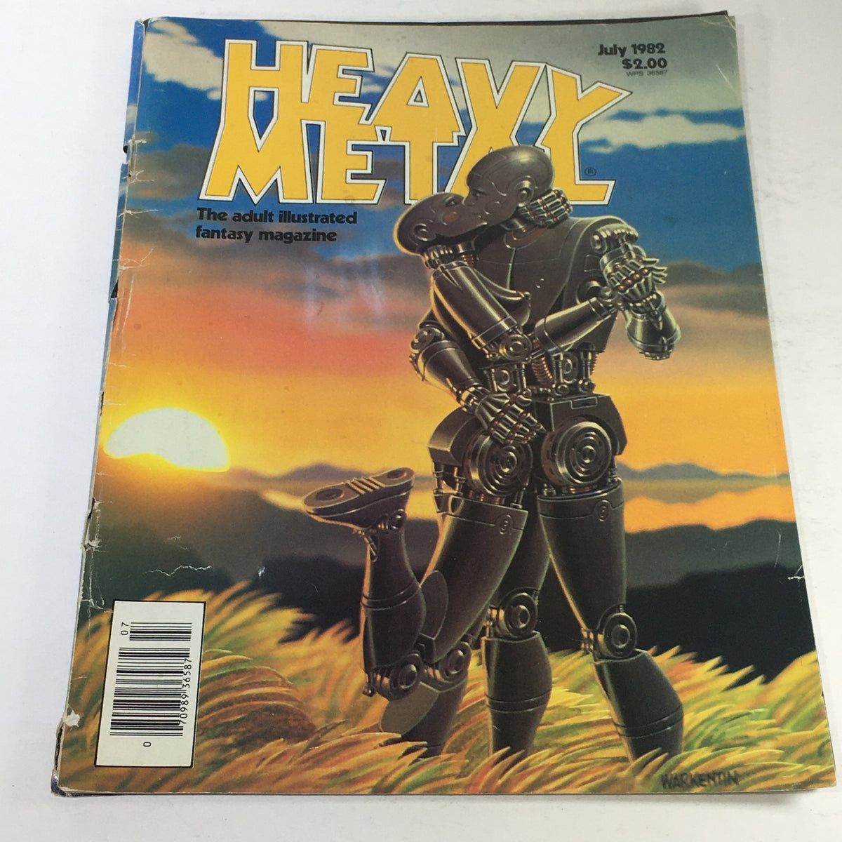 Cover of VTG Heavy Metal Magazine: July 1982 - The Adult Fantasy featuring robot figures embracing against a sunset backdrop, showcasing vintage adult illustrated fantasy art.