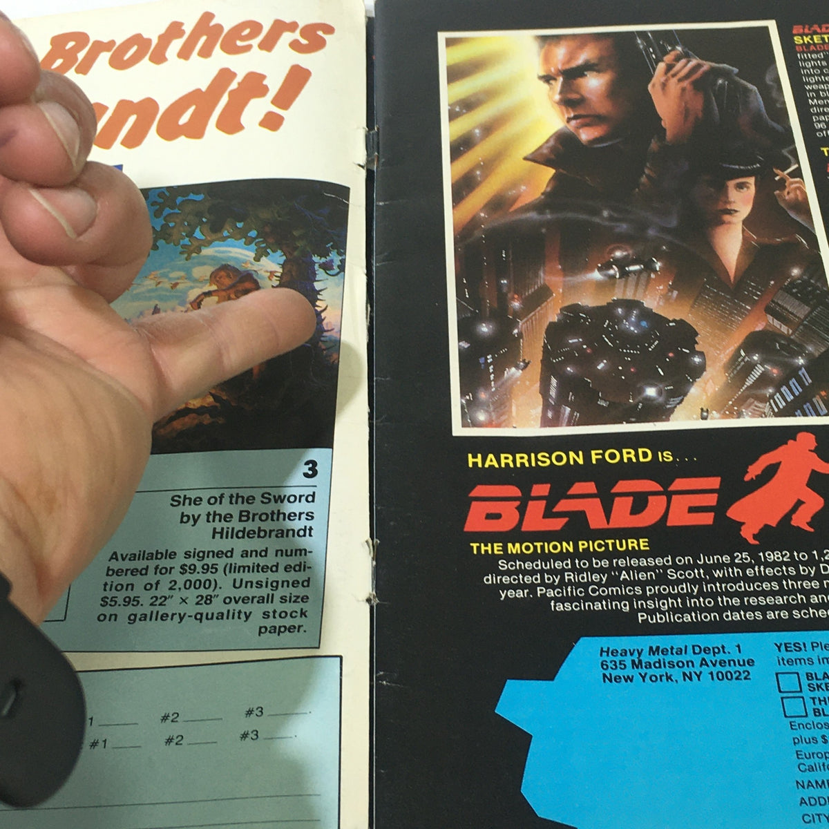 Inside view of the VTG Heavy Metal Magazine: July 1982 - The Adult Fantasy, featuring an advertisement for the Blade motion picture alongside artwork by the Brothers Hildebrandt.