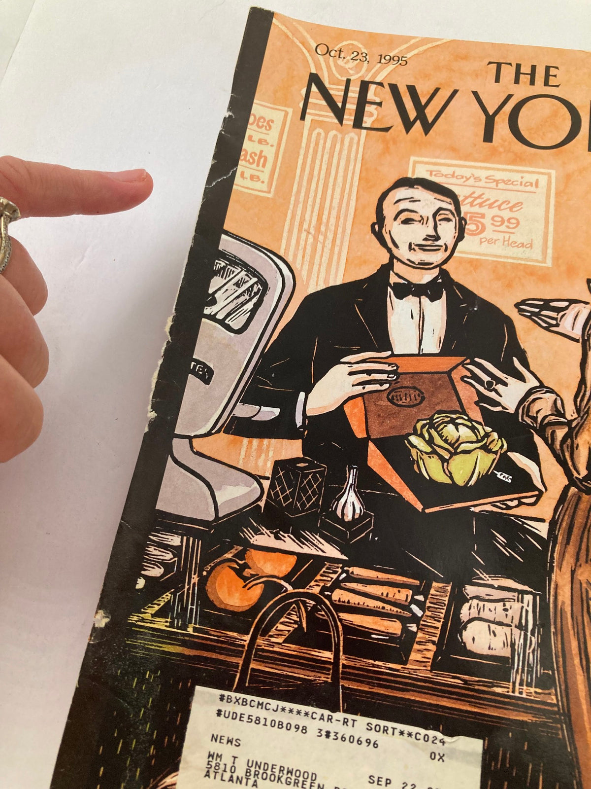 Detailed shot of The New Yorker cover dated October 23, 1995, illustrating the Haute Cuisine cover art by Andrei Francois, focusing on the waiter and artichokes.