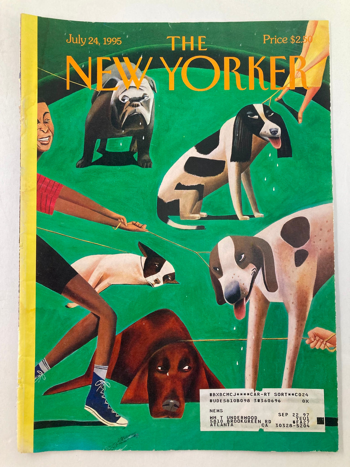 The New Yorker Cover July 24 1995 Dog Days by Mark Ulriksen, depicting playful dogs in a park, with a joyful person walking them, emphasizing a lively summer atmosphere.