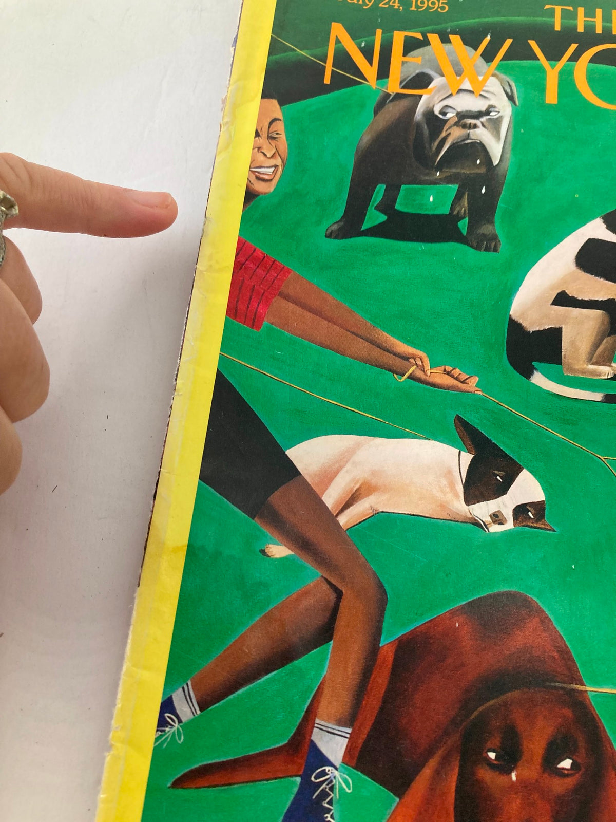 The New Yorker Cover July 24 1995 Dog Days by Mark Ulriksen, highlighting close-up details of the cover showing dogs and an owner's hand, illustrating a charming scene filled with character and wear.