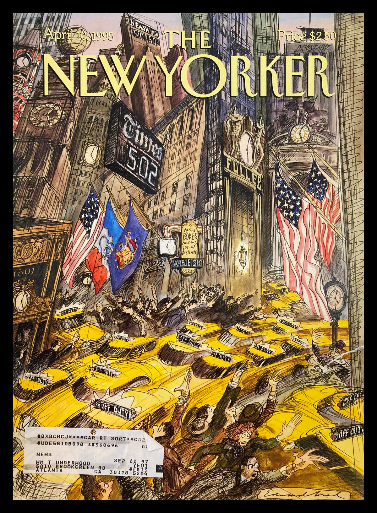 Cover of The New Yorker magazine, April 10, 1995, titled 'Time and Tide' by Edward Sorel, showcasing a bustling New York City scene with yellow taxis, flags, and onlookers.