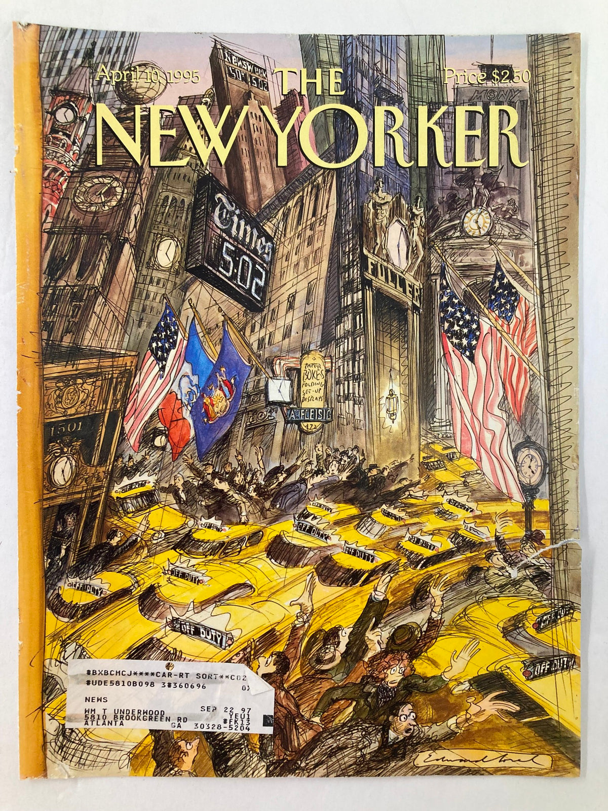 The New Yorker magazine cover from April 10, 1995, featuring 'Time and Tide' artwork by Edward Sorel, depicting a vibrant cityscape with crowds and iconic yellow taxis.