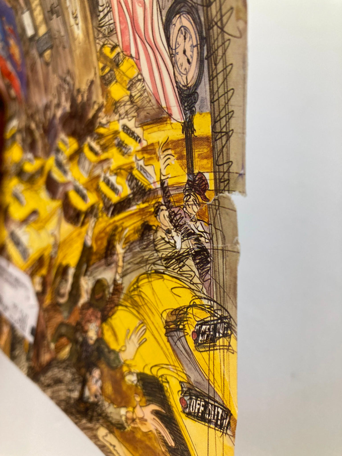 Close-up view of The New Yorker cover from April 10, 1995, 'Time and Tide' by Edward Sorel, highlighting details of the yellow taxis and a clock in a lively New York scene.