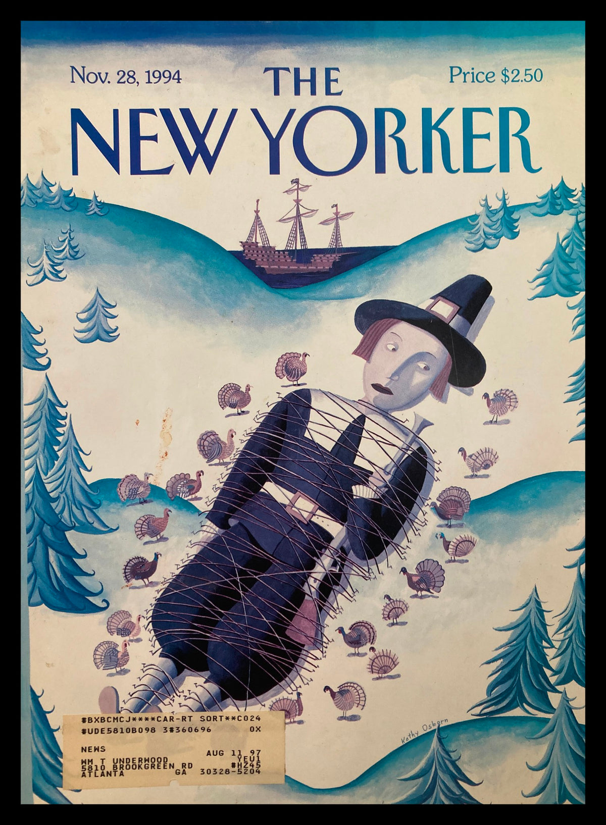The New Yorker cover from November 28, 1994, illustrated by Kathy Osborn, showcasing a whimsical Thanksgiving scene with a wrapped pilgrim and turkeys.
