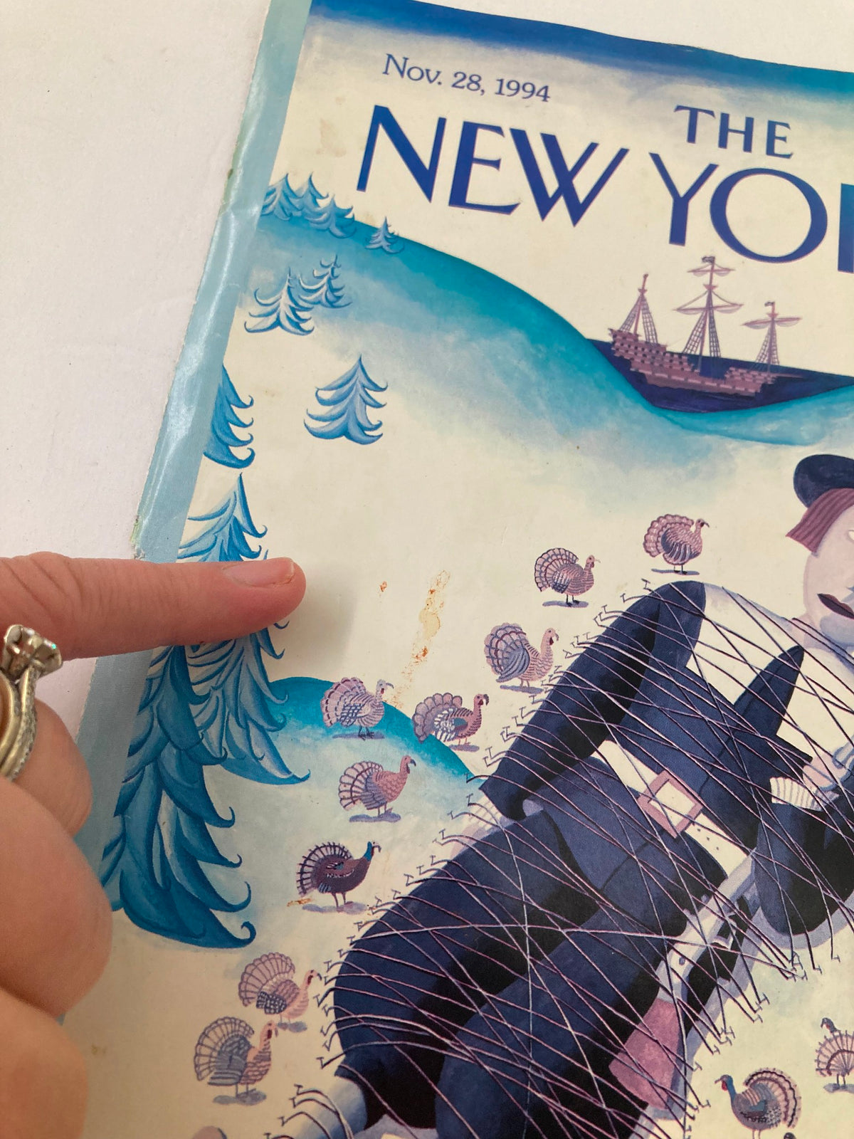 Detail view of The New Yorker cover from November 28, 1994, showing the Thanksgiving themed illustration by Kathy Osborn, highlighting the playful imagery of turkeys and trees.