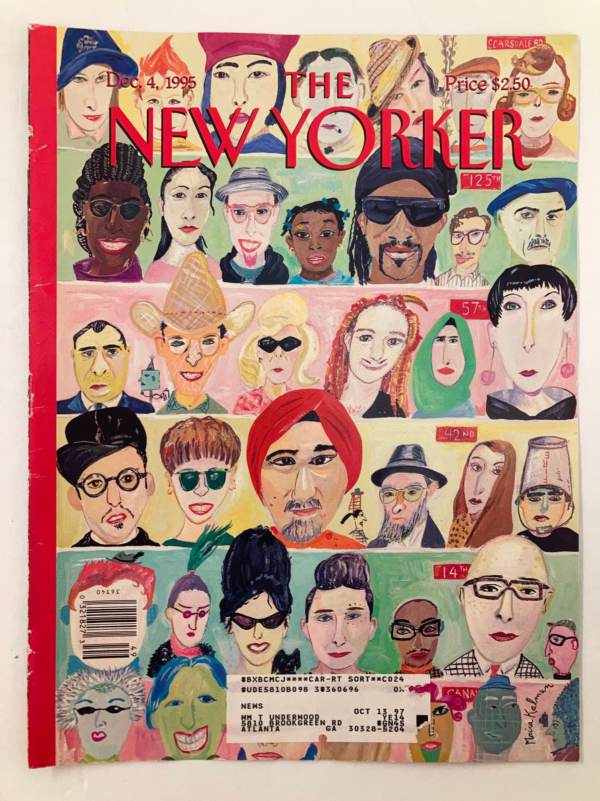 Cover of The New Yorker December 4, 1995 titled 'Different Faces' by Maira Kalman, showcasing an array of expressive characters in a colorful, artistic design.