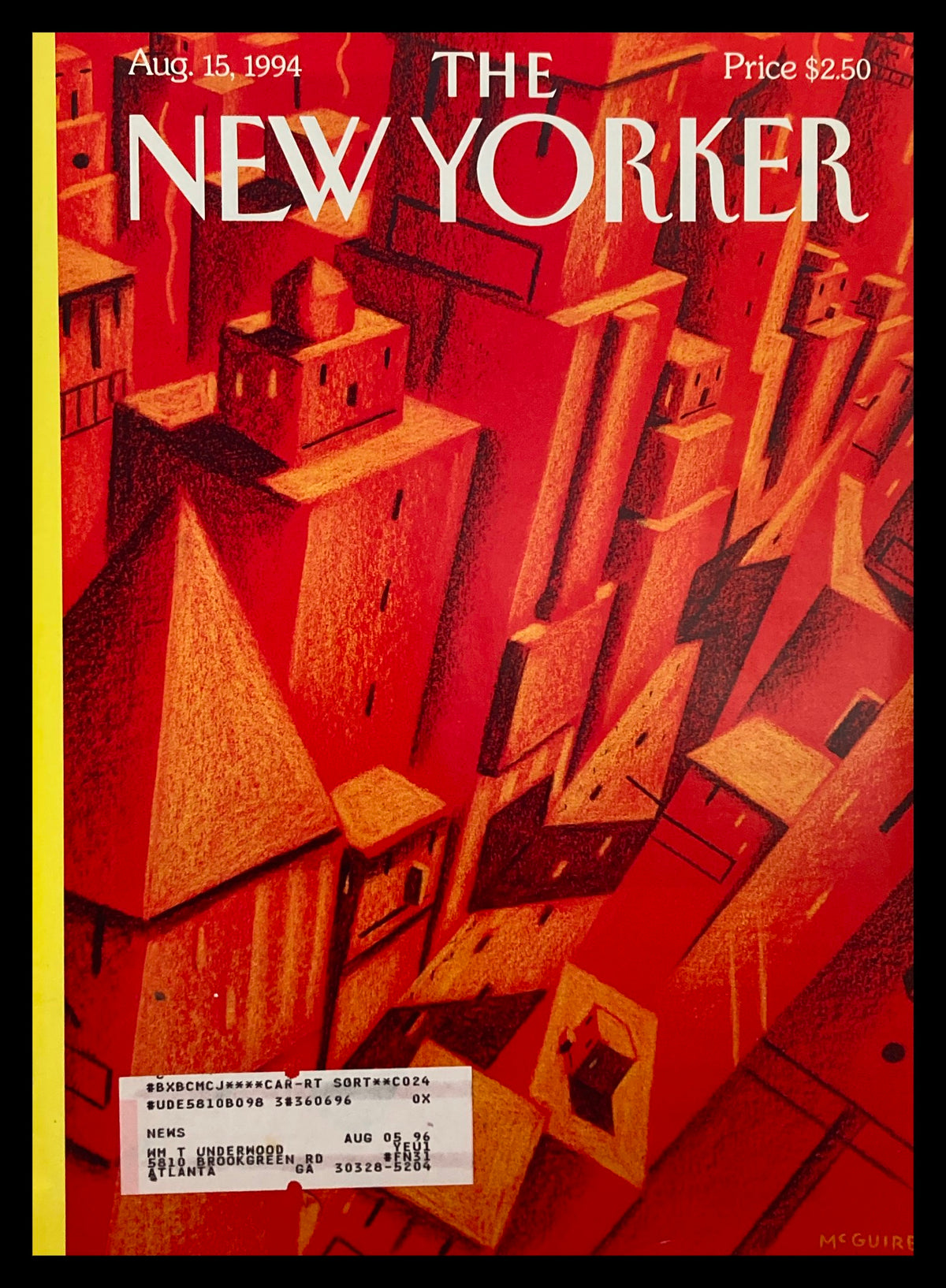 Cover of The New Yorker magazine from August 15, 1994, titled 'Hot Town' by Richard McGuire, featuring vibrant red and orange cityscape artwork.