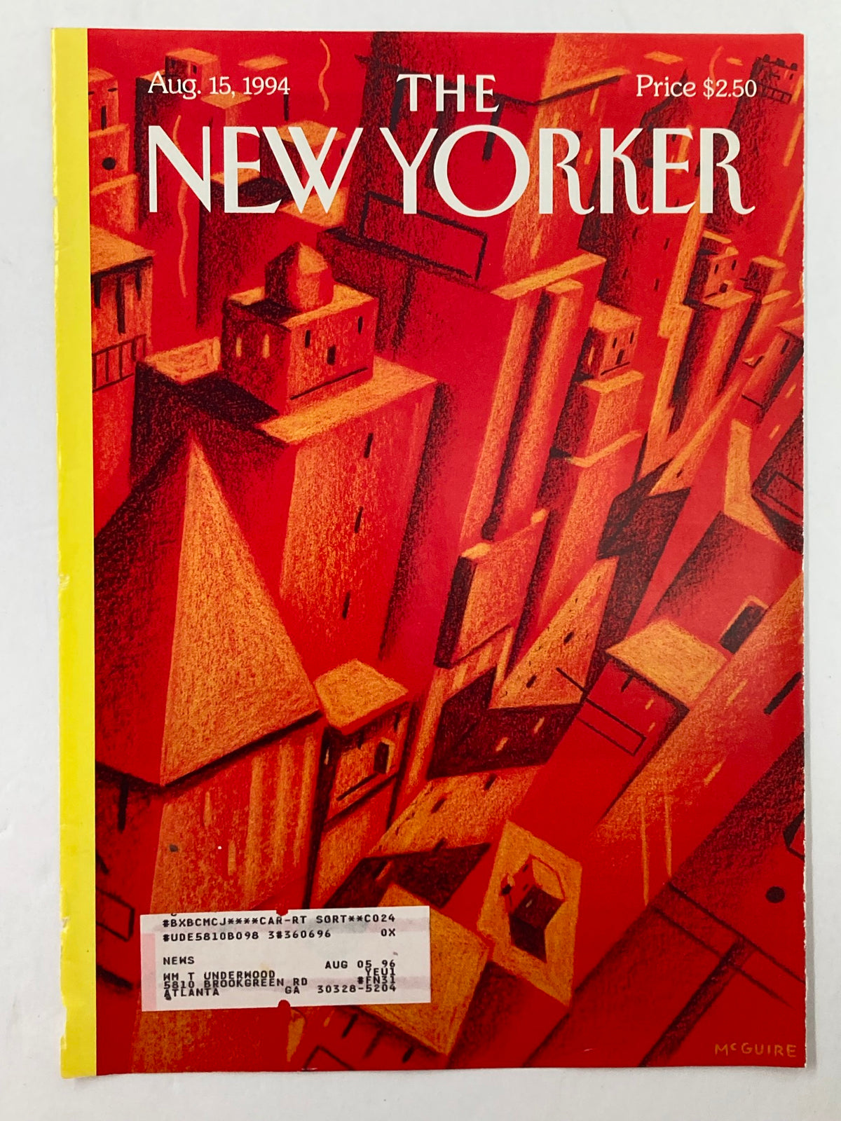 Cover of The New Yorker magazine, August 15, 1994 edition, showcasing 'Hot Town' by Richard McGuire, with a striking red artistic rendition of urban buildings.