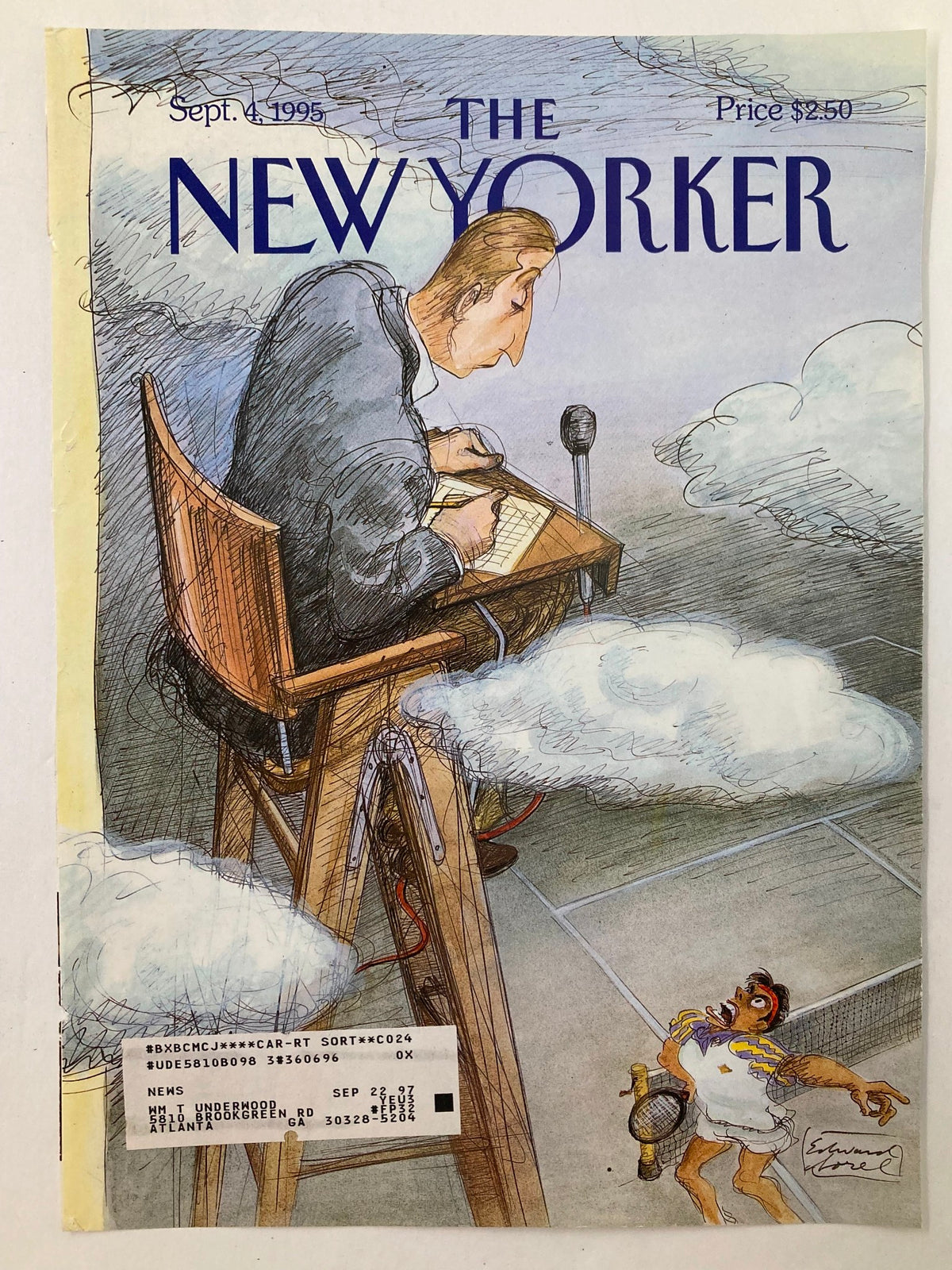Cover of The New Yorker dated September 4, 1995, showcasing 'The Last Judgement' by Edward Sorel, illustrating a writer at a desk above the clouds with an expressive character reacting on the ground.