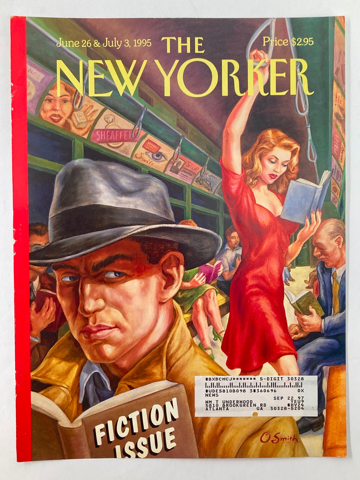 Cover of The New Yorker June 26 1995 titled 'Lady in Red' by Owen Smith, showcasing an iconic illustration of characters in a busy setting, with detailed artistic elements.