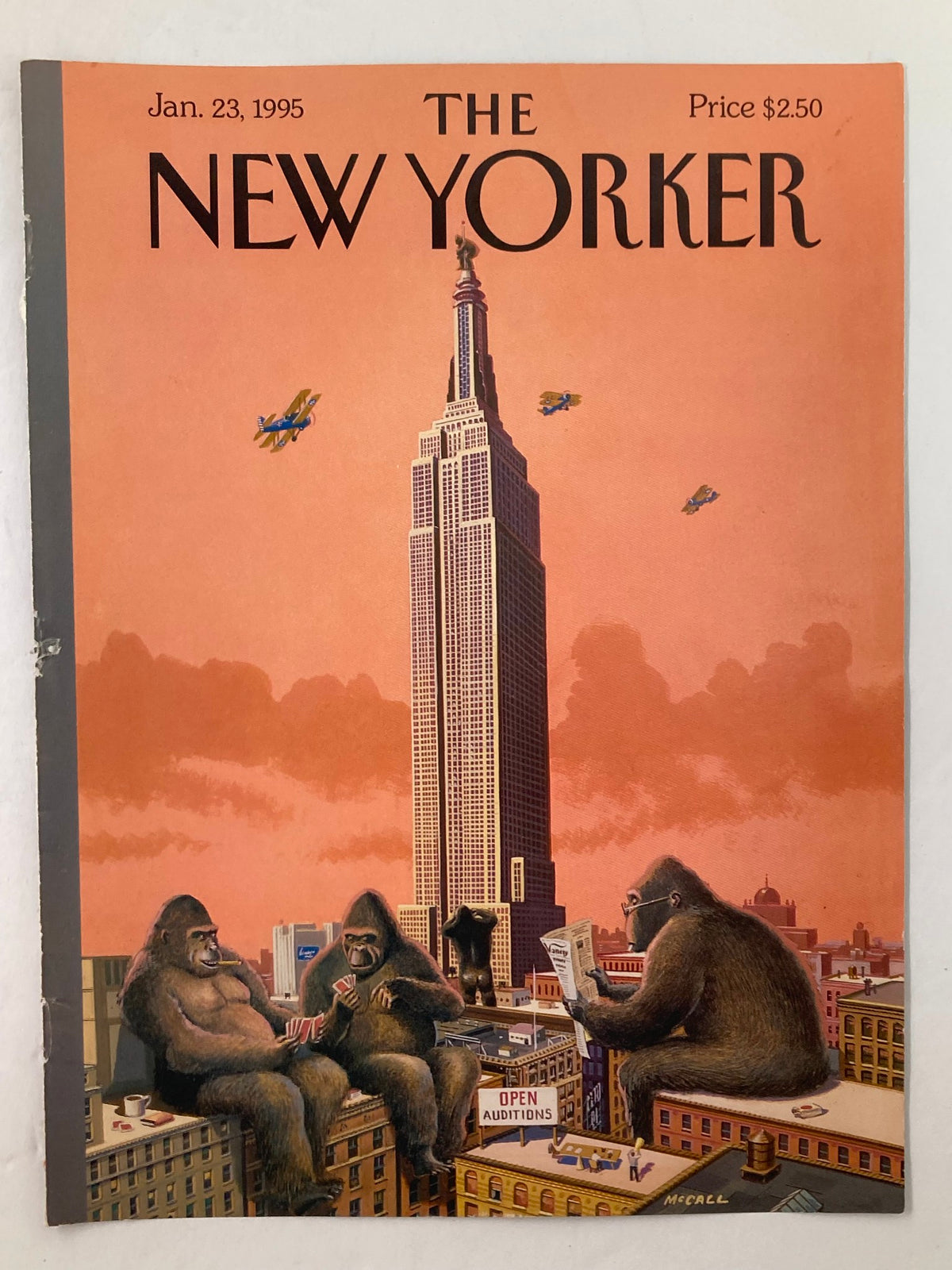 Vintage cover of The New Yorker from January 23, 1995, art titled 'Open Auditions' by Bruce McCall. It depicts playful gorillas on rooftops with the Empire State Building in the background.