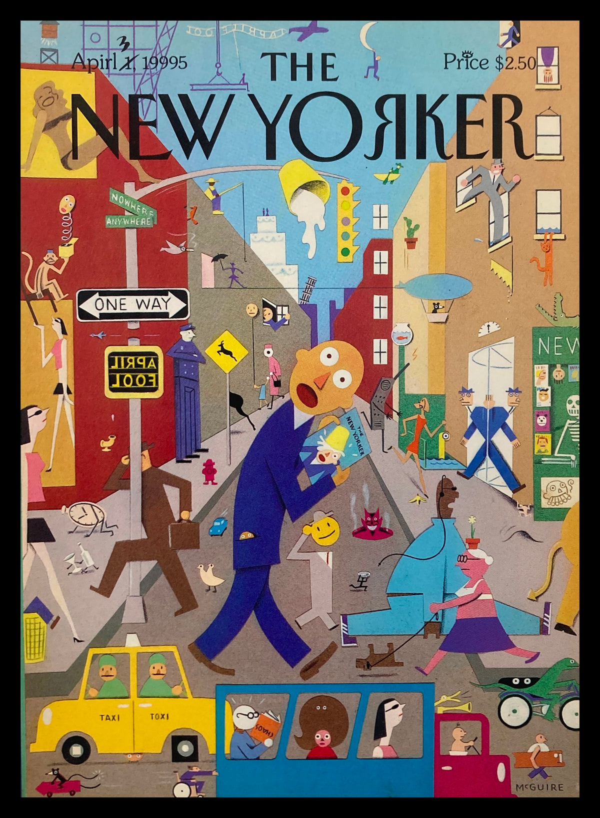 Cover of The New Yorker April 3 1995 titled 'Ninety-Five Fools' by Richard McGuire, showcasing playful illustrations of a bustling street scene with characters, vehicles, and various humorous elements.