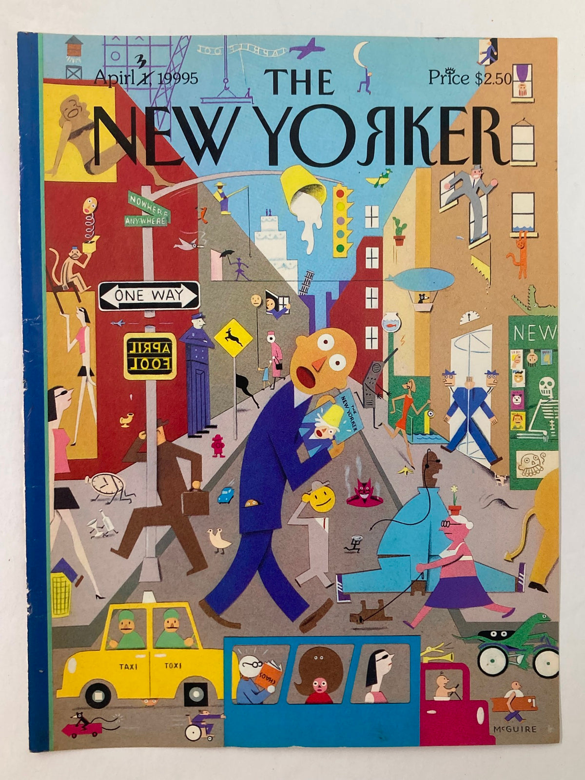 Another view of the cover from The New Yorker April 3 1995, featuring the vibrant artwork 'Ninety-Five Fools' by Richard McGuire, depicting a lively urban setting with whimsical figures and colorful details.