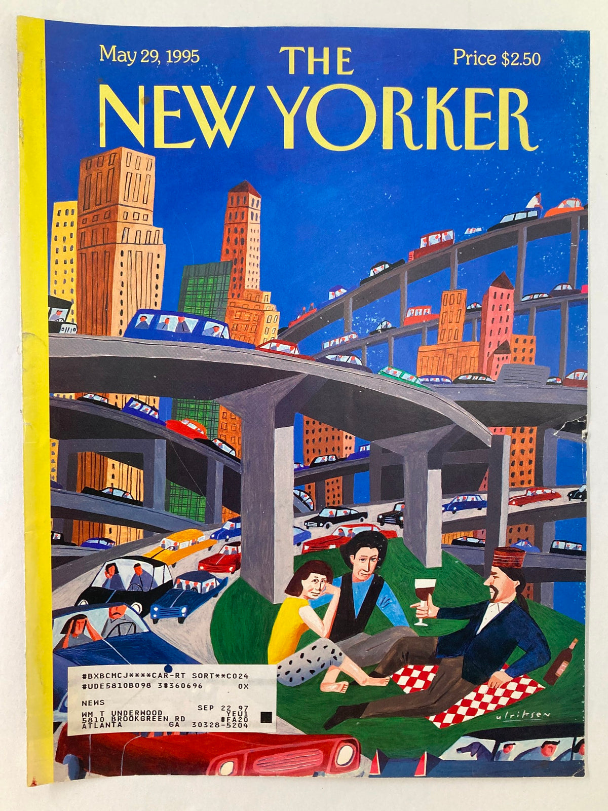 The New Yorker May 29 1995 Traffic Jam cover art by Mark Ulriksen displaying a chaotic traffic scene and relaxed individuals in a city environment.