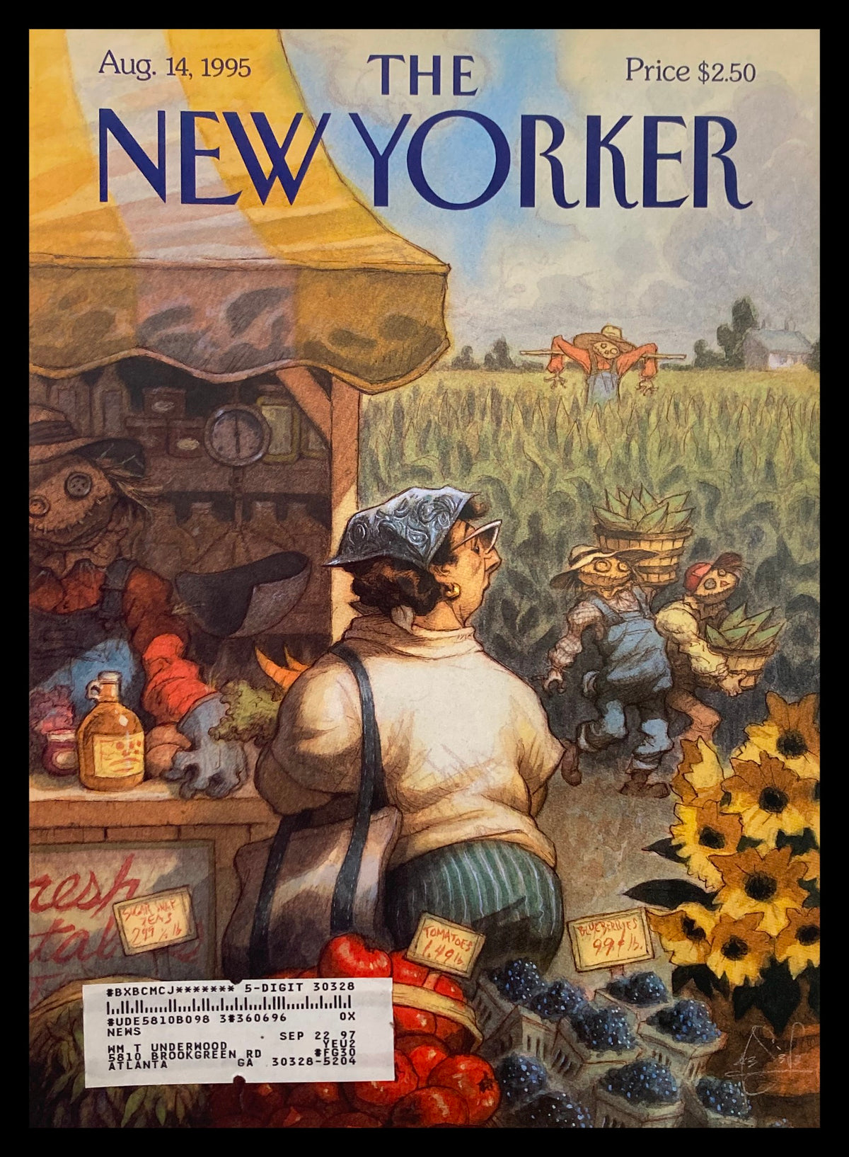 Cover of The New Yorker from August 14, 1995, titled 'Bumper Crop' by Peter de Seve, featuring a woman shopping at a farmers market with scarecrows in the background.