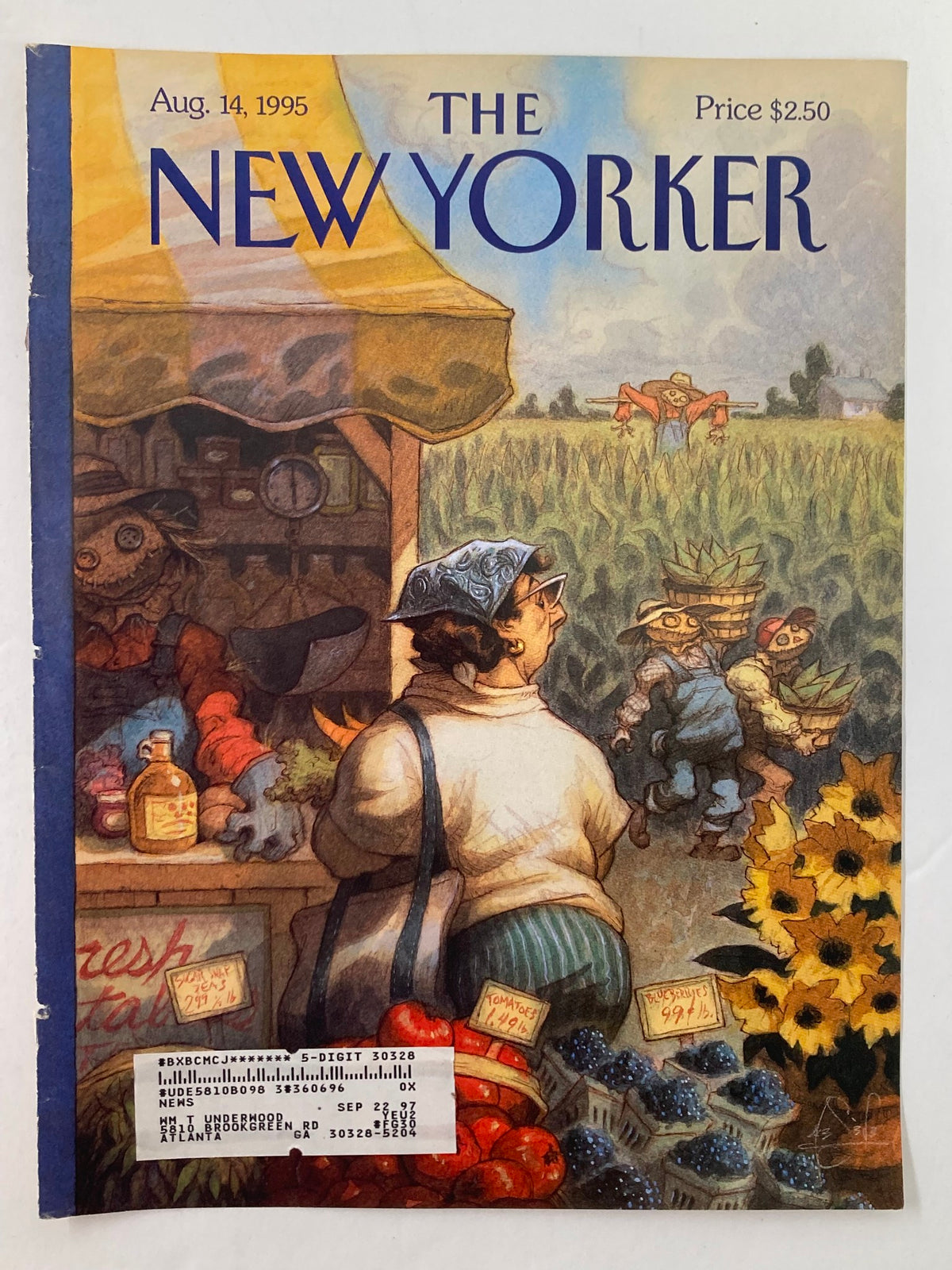Cover of The New Yorker August 14, 1995, 'Bumper Crop' by Peter de Seve, depicting a woman at a market surrounded by fresh produce and scarecrows.