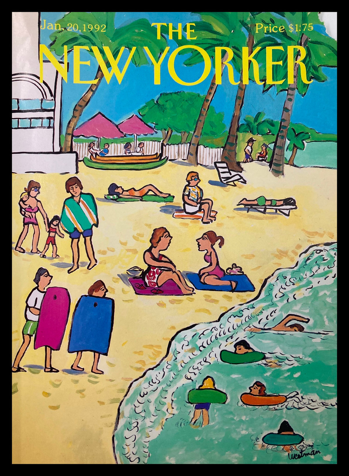The New Yorker cover from January 20, 1992, titled 'Beach Day' by Barbara Westman, depicting a vibrant beach scene with people enjoying the sun and waves.