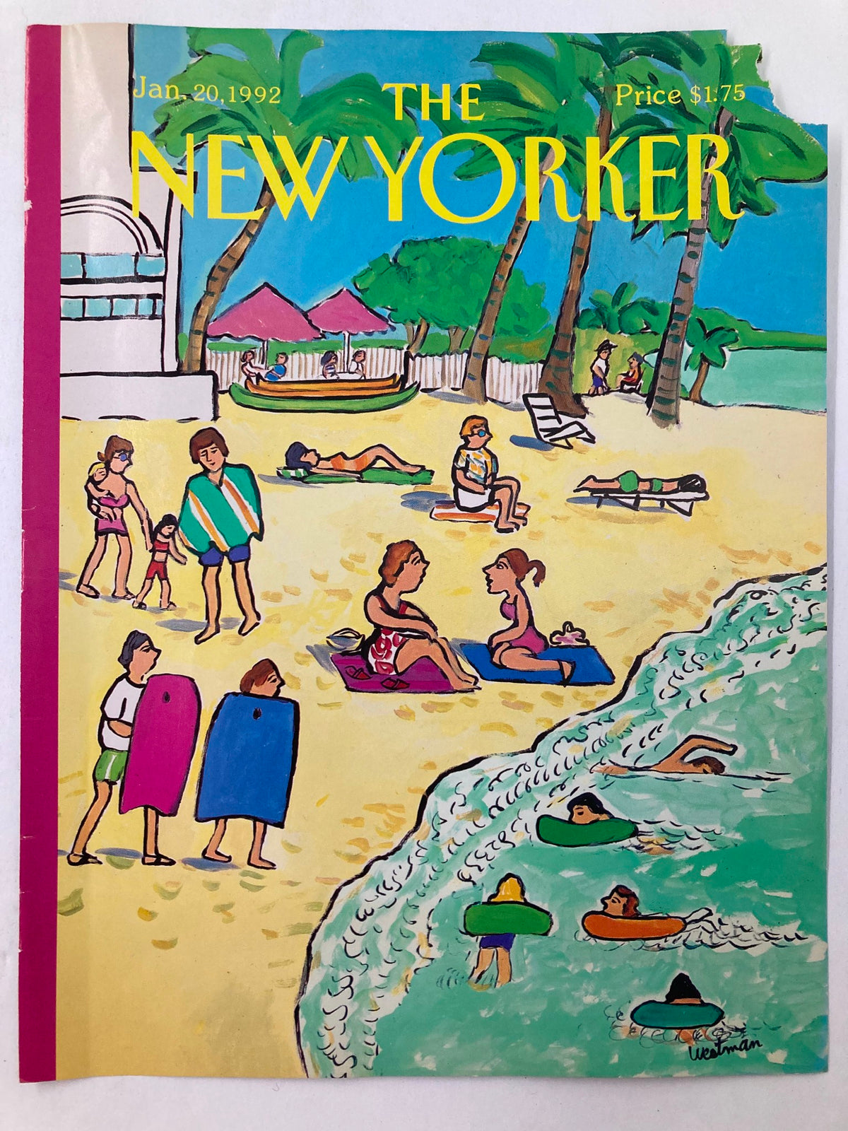 Another view of The New Yorker cover, January 20, 1992, 'Beach Day' by Barbara Westman, showcasing a lively beach atmosphere with colorful characters and serene ocean waves.